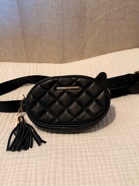 Quilted Black Leather hip Belt Bag with Tassel